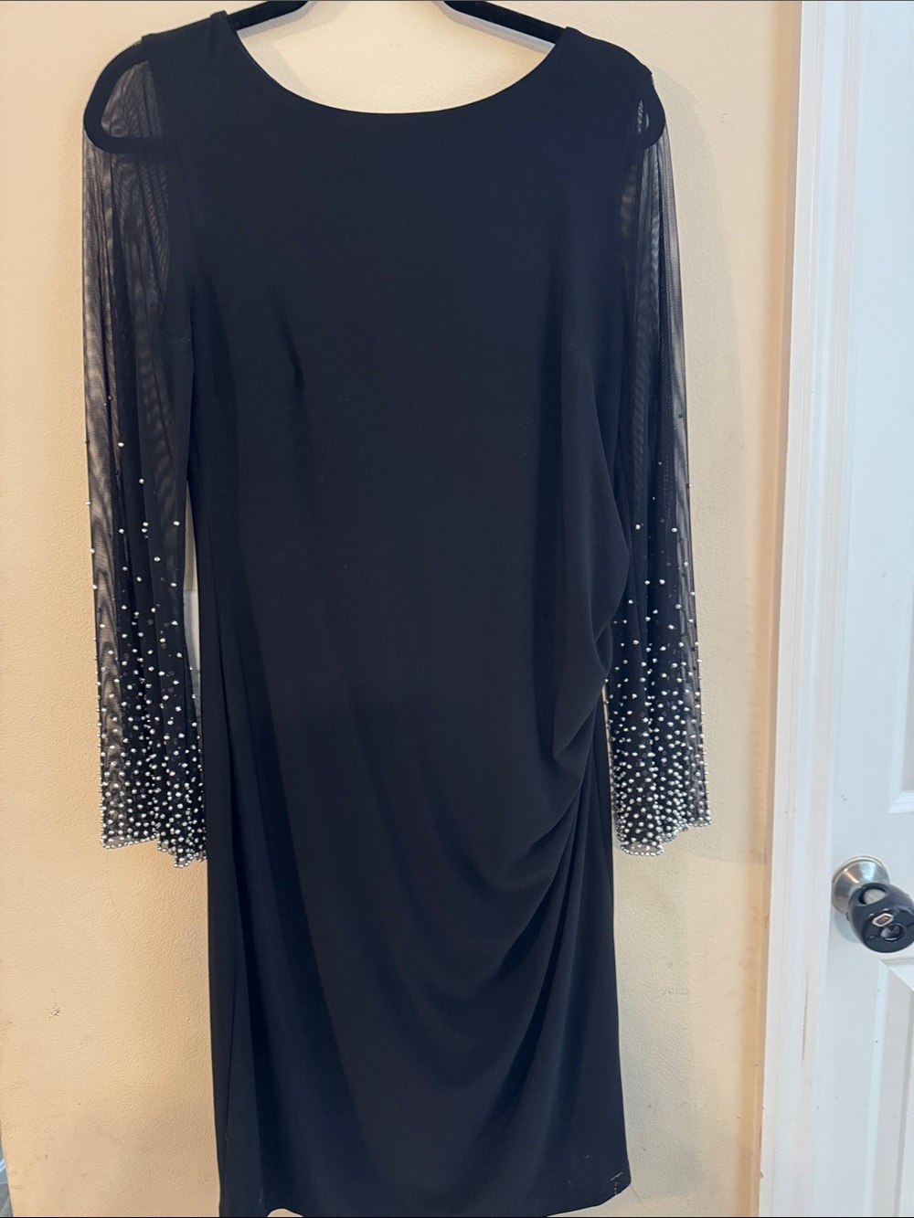 Joseph Ribkoff Black Long Sleeve Sheath Dress with Beaded Mesh Sleeves